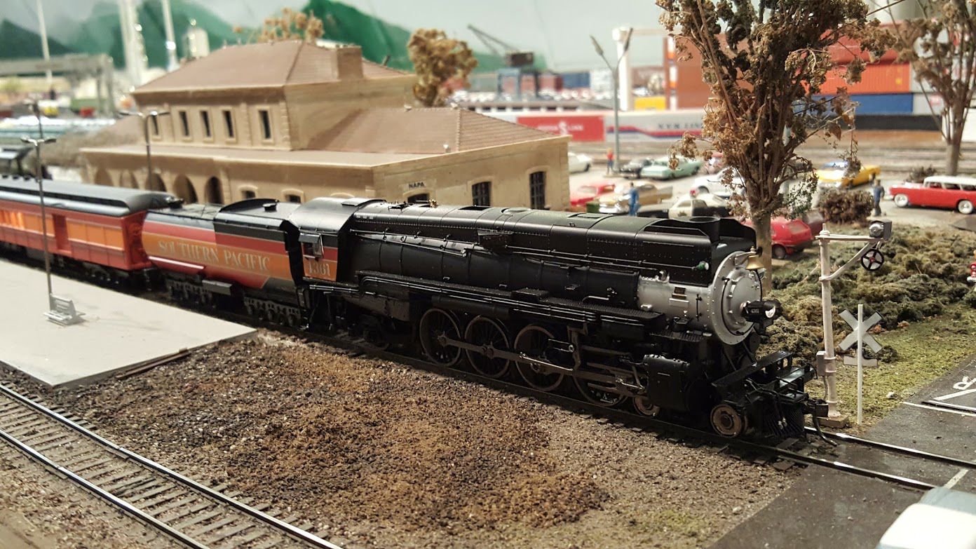 Trains running on the layout at the Napa Valley Model Railroad Historical Society